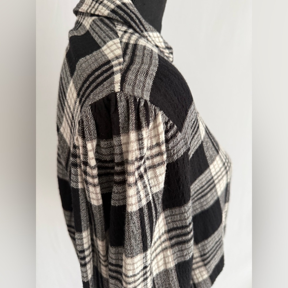 1. State Black & lvory Plaid Smocked Waist Blouse Cropped Button Front - Picture 8 of 14